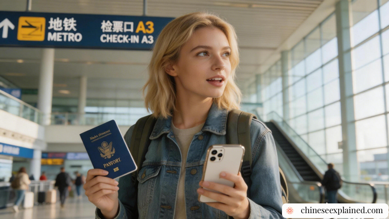 First-time traveler arriving in China with passport and transit signs