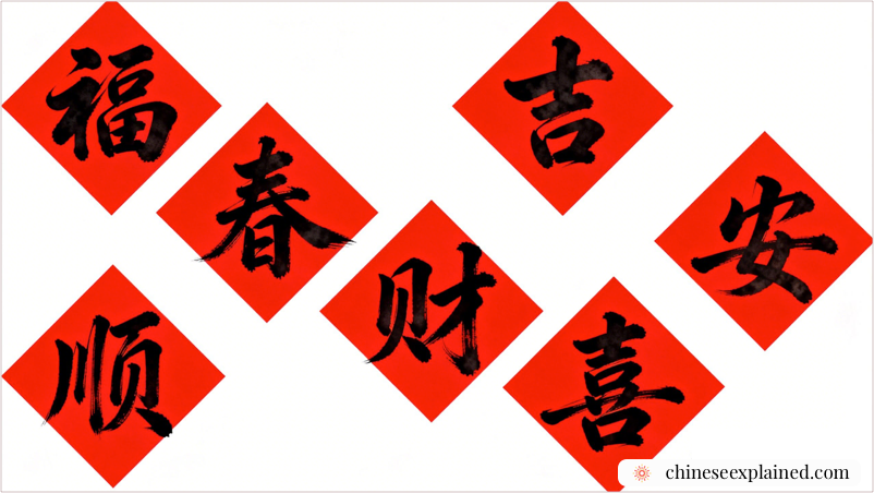 福 (fú) 春 (chūn)吉 (jí)安 (ān)顺 (shùn)财 (cái)喜 (xǐ)年 (nián)