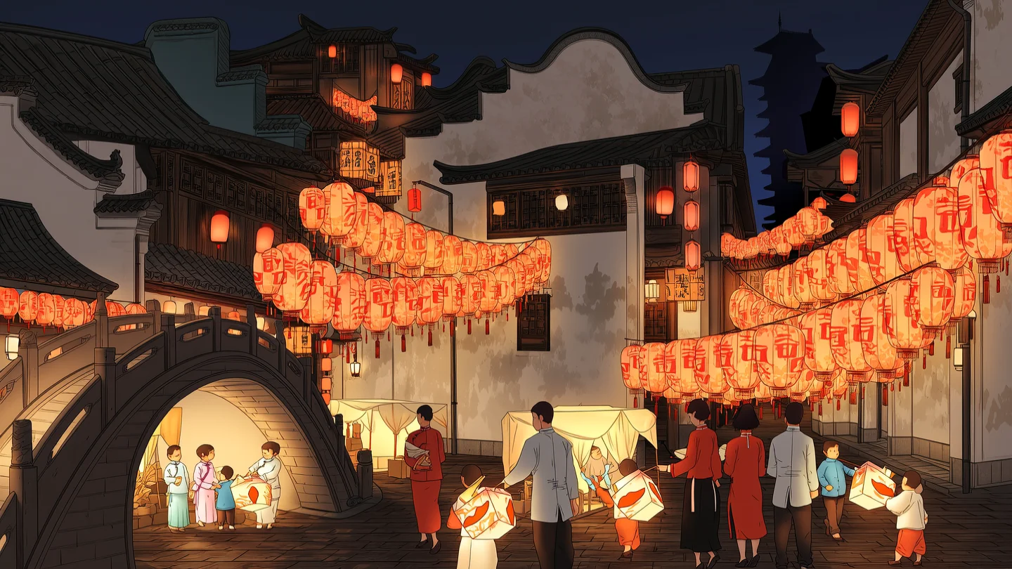 A festive Lantern Festival night scene in China with glowing lanterns