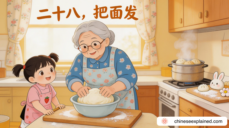 Dough being left to rise in preparation for steaming mantou, illustrating the custom of “二十八，把面发 (èr shí bā, bǎ miàn fā)” before Chinese New Year.