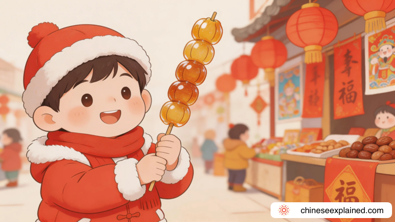 A child holding sticky sugar melons on the 23rd day before Chinese New Year, illustrating the tradition of “二十三，糖瓜粘 (èr shí sān, táng guā zhān)”.