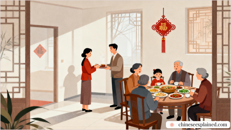 A multigenerational Chinese family sharing a reunion dinner on Chinese New Year’s Eve